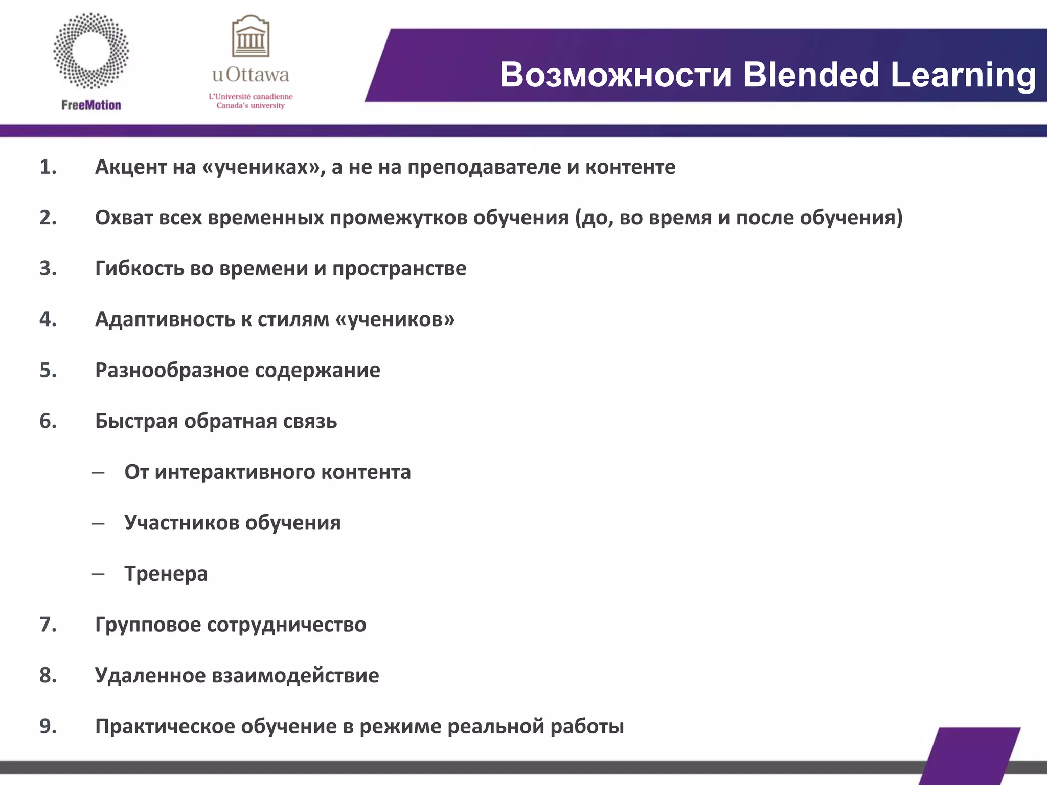 1.  Акцент	
  на	
  «учениках»,	
  а	
  не	
  на	
  преподавателе	
  и	
  контенте	
  
2.  Охват	
  всех	
  временных	
  промежутков	
  обучения	
  (до,	
  во	
  время	
  и	
  после	
  обучения)	
  
3.  Гибкость	
  во	
  времени	
  и	
  пространстве	
  
4.  Адаптивность	
  к	
  стилям	
  «учеников»	
  
5.  Разнообразное	
  содержание	
  
6.  Быстрая	
  обратная	
  связь	
  
–  От	
  интерактивного	
  контента	
  
–  Участников	
  обучения	
  
–  Тренера	
  
7.  Групповое	
  сотрудничество	
  
8.  Удаленное	
  взаимодействие	
  
9.  Практическое	
  обучение	
  в	
  режиме	
  реальной	
  работы	
  
	
  
Возможности Blended Learning
 