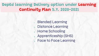 1. Blended Learning
2. Distance Learning
3. Home Schooling
4. Apprenticeship (SHS)
5. Face to Face Learning
DepEd learning Delivery option under Learning
Continuity Plan S.Y. 2020-2021
 