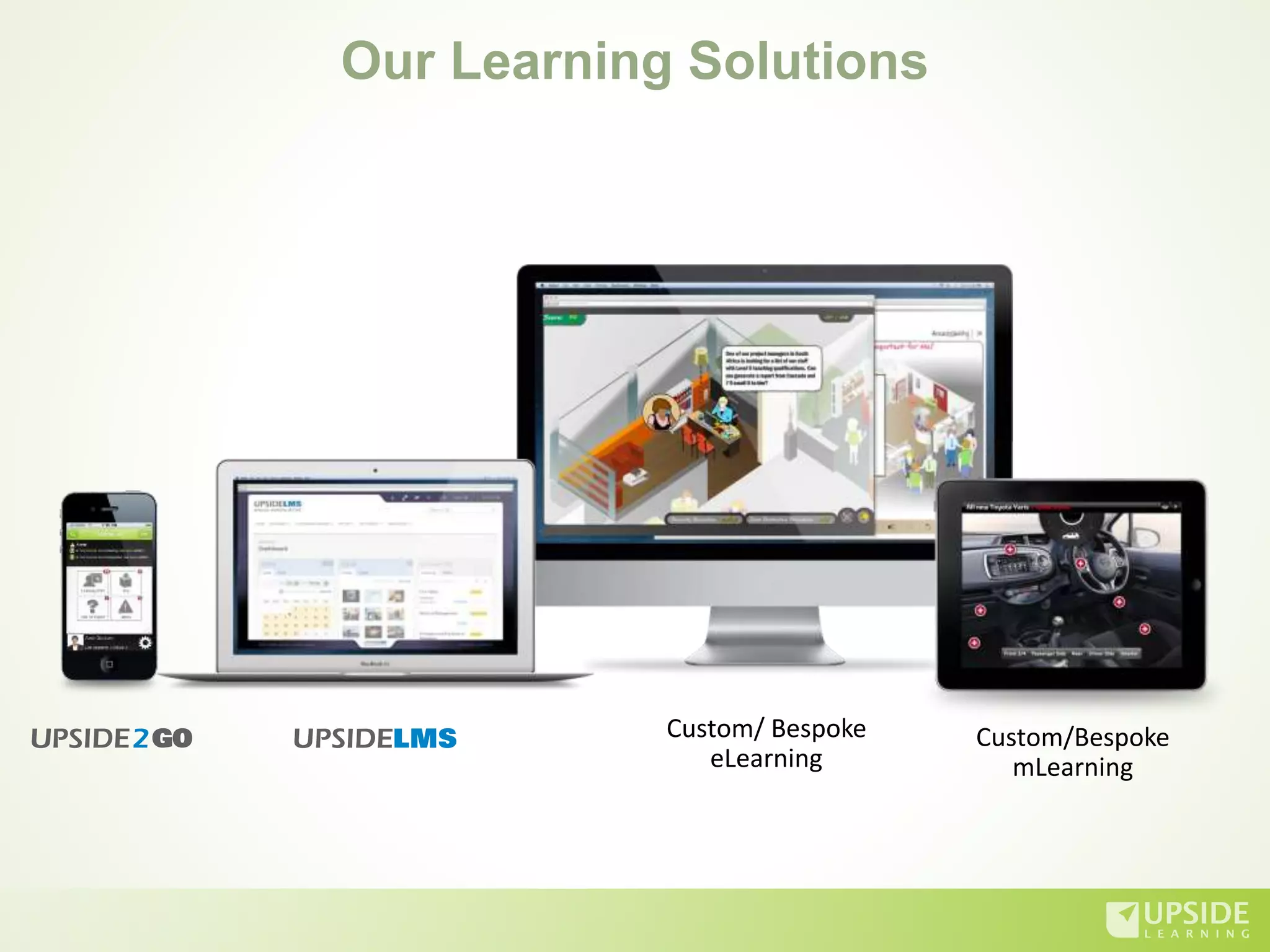 Our Learning Solutions
Custom/ Bespoke
eLearning
Custom/Bespoke
mLearning
 