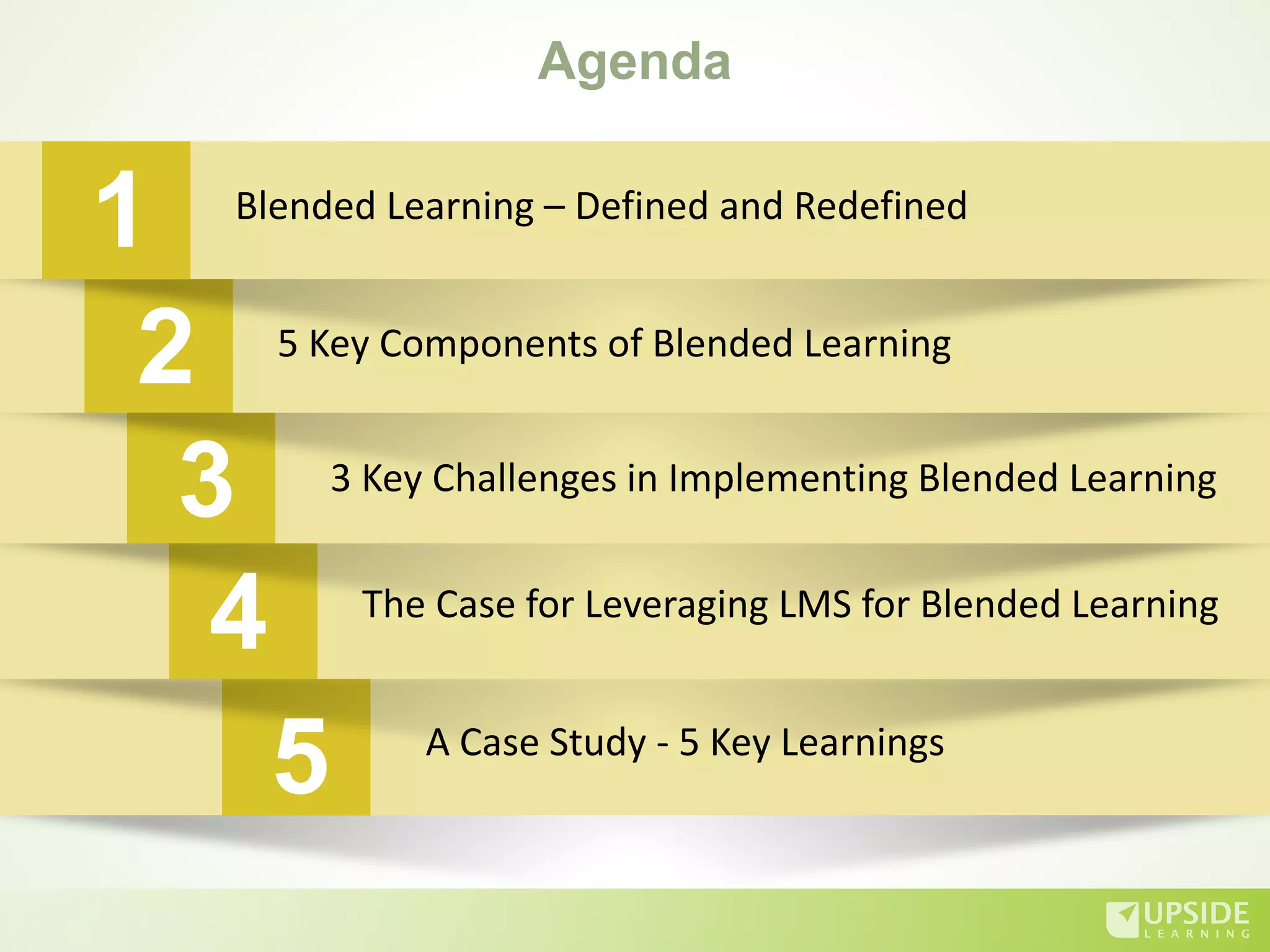 5 A Case Study - 5 Key Learnings
4 The Case for Leveraging LMS for Blended Learning
1 Blended Learning – Defined and Redefined
5 Key Components of Blended Learning
3 Key Challenges in Implementing Blended Learning
2
3
Agenda
 