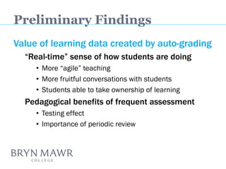 Value of learning data created by auto-grading 
“Real-time” sense of how students are doing 
•More “agile” teaching 
•More fruitful conversations with students 
•Students able to take ownership of learning 
Pedagogical benefits of frequent assessment 
•Testing effect 
•Importance of periodic review 
Preliminary Findings  