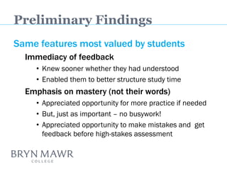Same features most valued by students 
Immediacy of feedback 
•Knew sooner whether they had understood 
•Enabled them to better structure study time 
Emphasis on mastery (not their words) 
•Appreciated opportunity for more practice if needed 
•But, just as important – no busywork! 
•Appreciated opportunity to make mistakes and get feedback before high-stakes assessment 
Preliminary Findings  