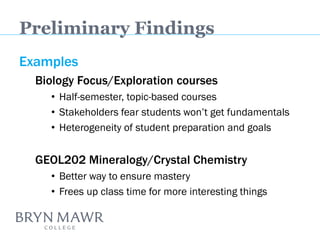 Examples 
Biology Focus/Exploration courses 
•Half-semester, topic-based courses 
•Stakeholders fear students won’t get fundamentals 
•Heterogeneity of student preparation and goals 
GEOL202 Mineralogy/Crystal Chemistry 
•Better way to ensure mastery 
•Frees up class time for more interesting things 
Preliminary Findings  