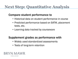 Next Step: Quantitative Analysis 
Compare student performance to 
•Historical data on student performance in course 
•Predicted performance based on SATM, placement tests, etc. 
•Learning data tracked by courseware 
Supplement grades as performance with 
•Widely used standardized assessments 
•Tests of long-term retention 
