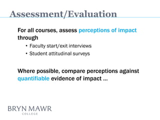 For all courses, assess perceptions of impact through 
•Faculty start/exit interviews 
•Student attitudinal surveys 
Where possible, compare perceptions against quantifiable evidence of impact … 
Assessment/Evaluation  