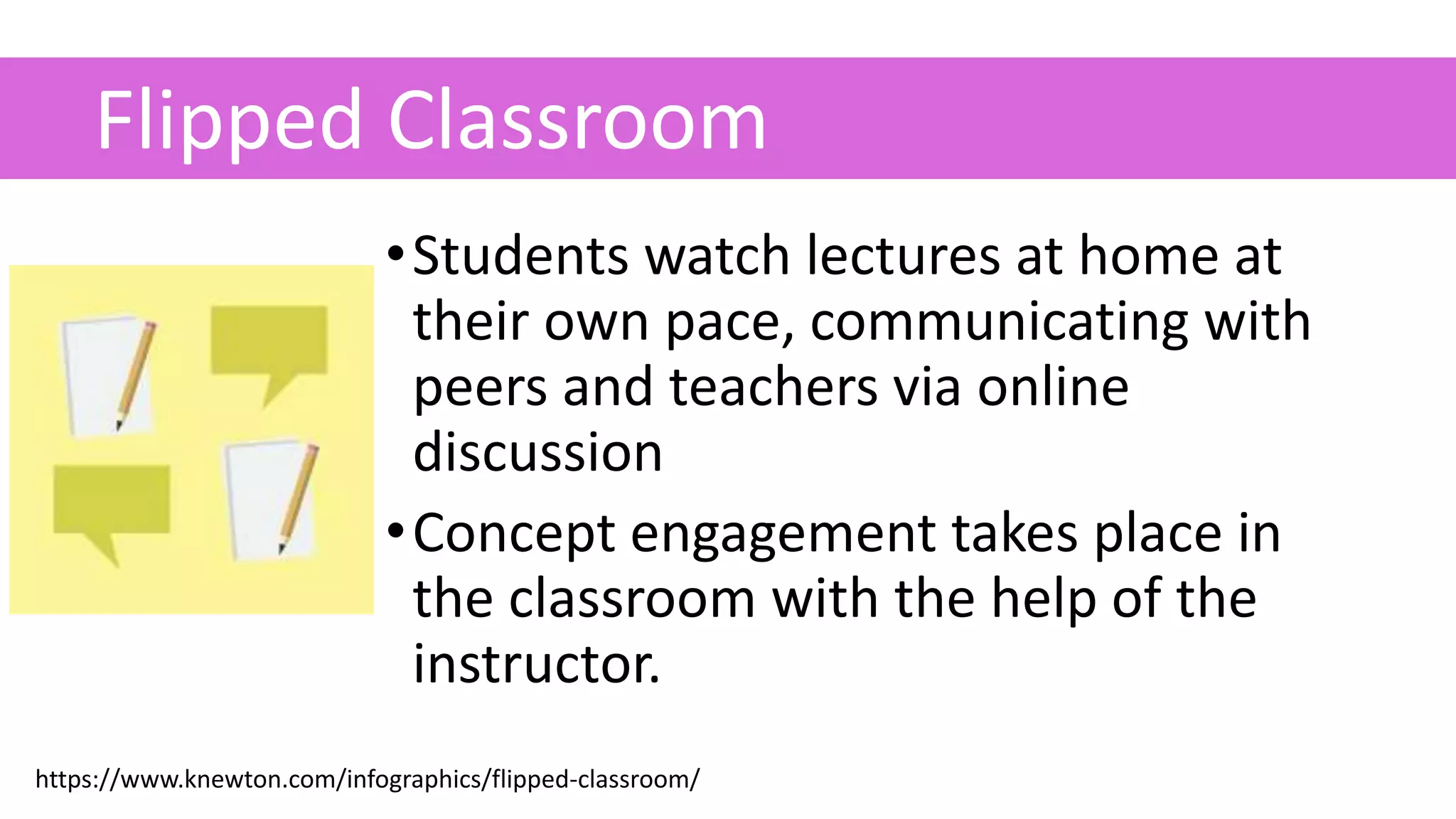 •Students watch lectures at home at
their own pace, communicating with
peers and teachers via online
discussion
•Concept engagement takes place in
the classroom with the help of the
instructor.
Flipped Classroom
https://www.knewton.com/infographics/flipped-classroom/
 