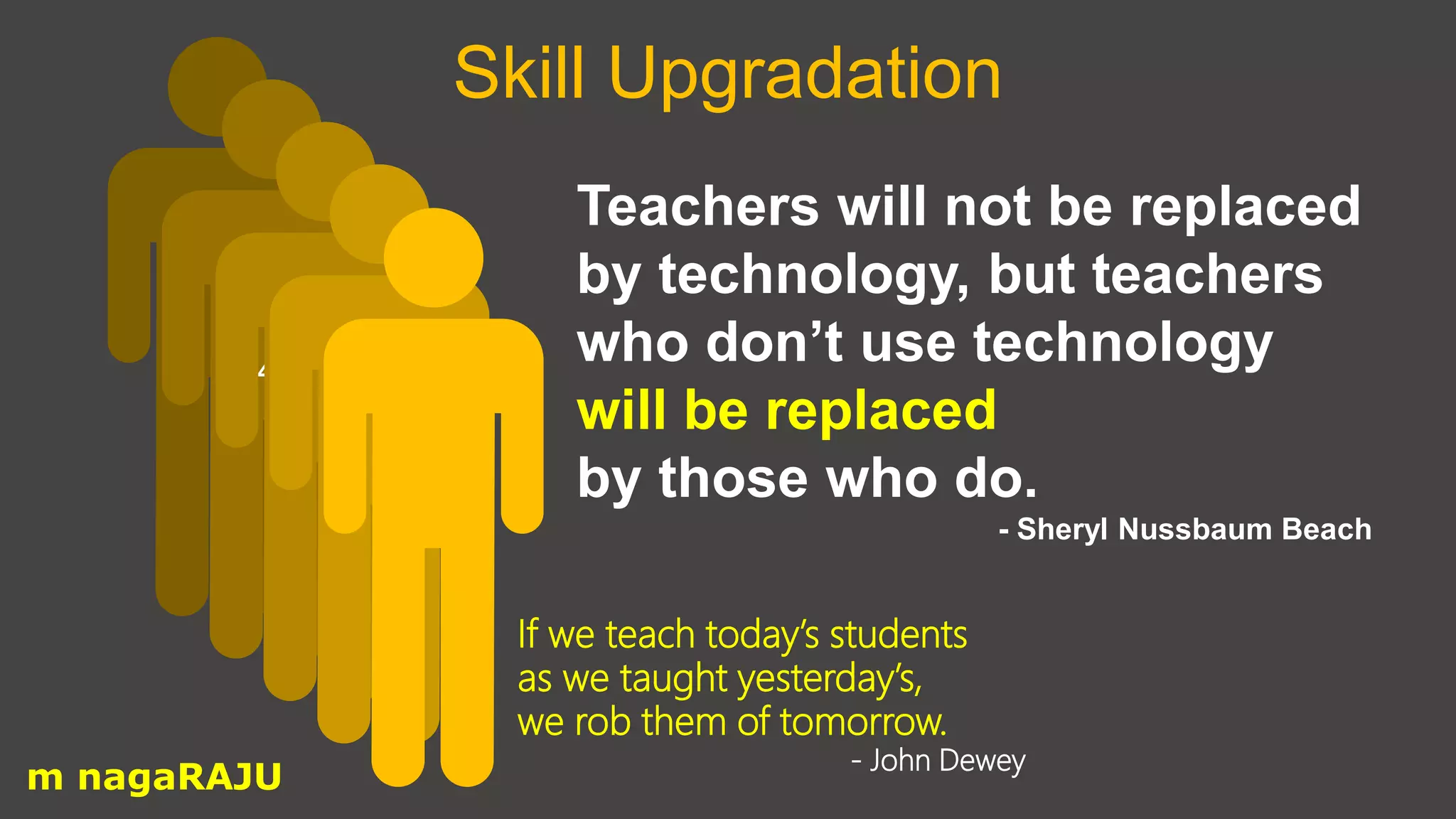 Skill Upgradation
-40
Teachers will not be replaced
by technology, but teachers
who don’t use technology
will be replaced
by those who do.
- Sheryl Nussbaum Beach
If we teach today’s students
as we taught yesterday’s,
we rob them of tomorrow.
- John Dewey
m nagaRAJU
 