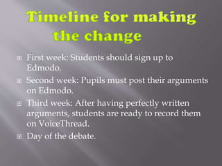  First week: Students should sign up to
Edmodo.
 Second week: Pupils must post their arguments
on Edmodo.
 Third week: After having perfectly written
arguments, students are ready to record them
on VoiceThread.
 Day of the debate.
 
