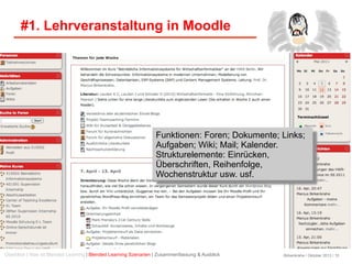 Birkenkrahe / Oktober 2013 / 10
#1. Lehrveranstaltung in Moodle
Funktionen: Foren; Dokumente; Links;
Aufgaben; Wiki; Mail; Kalender.
Strukturelemente: Einrücken,
Überschriften, Reihenfolge,
Wochenstruktur usw. usf.
Überblick | Was ist Blended Learning | Blended Learning Szenarien | Zusammenfassung & Ausblick
 