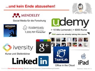 Birkenkrahe / Oktober 2013 / 6
...und kein Ende abzusehen!
Überblick | Was ist Blended Learning | Blended Learning Szenarien | Zusammenfassung & Ausblick
> 10 Mio Lernende | > 6000 Kurse
Social Media für die Forschung
1,233,707 Forscher
Kurse und Stellenbörse
Office in the Cloud
 