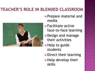  Prepare material and
media
 Facilitate active
face-to-face learning
 Design and manage
their activities
 Help to guide
students
 Direct their learning
 Help develop their
skills
 