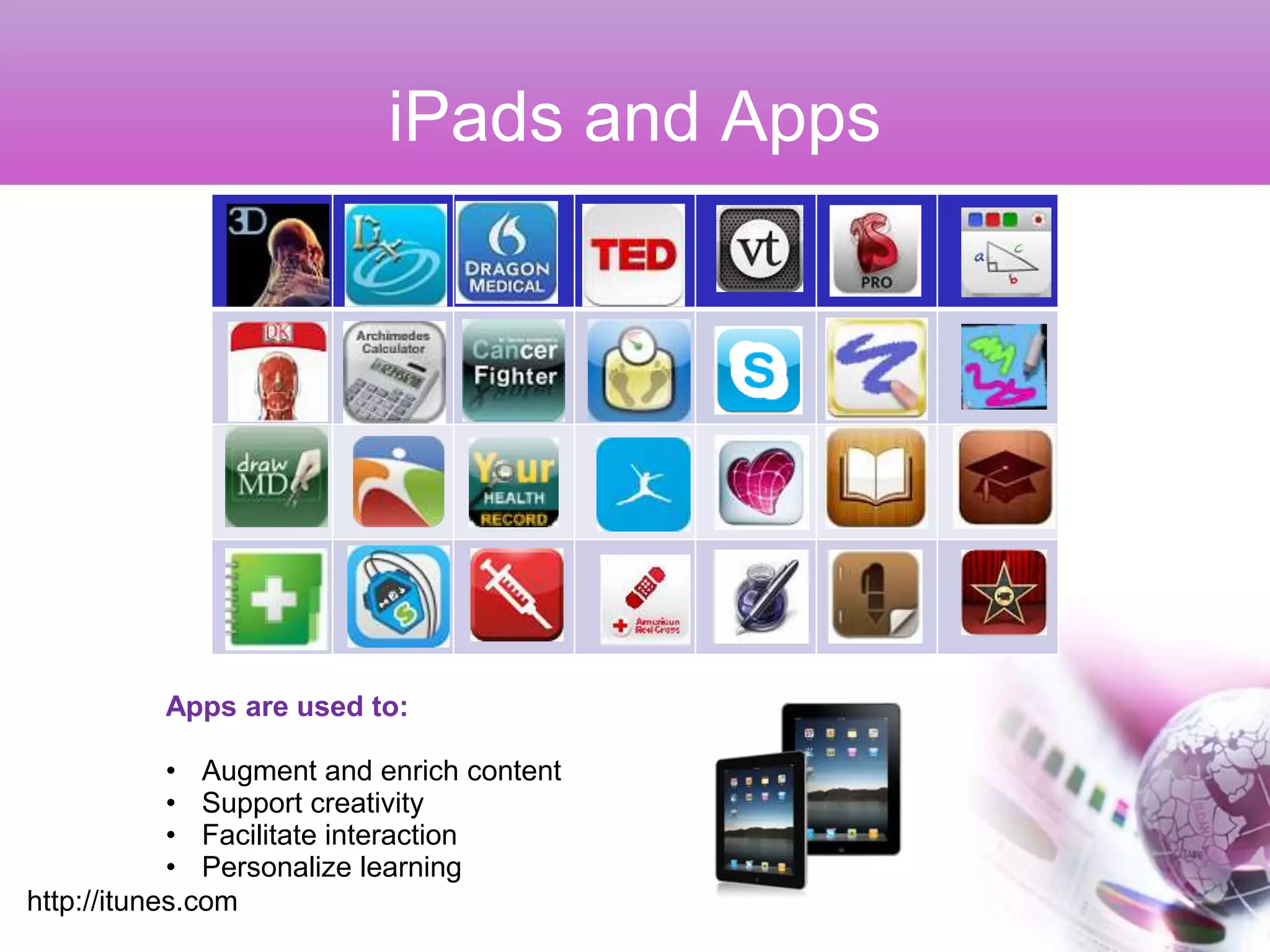 iPads and Apps




          Apps are used to:

            • Augment and enrich content
            • Support creativity
            • Facilitate interaction
            • Personalize learning
http://itunes.com
 