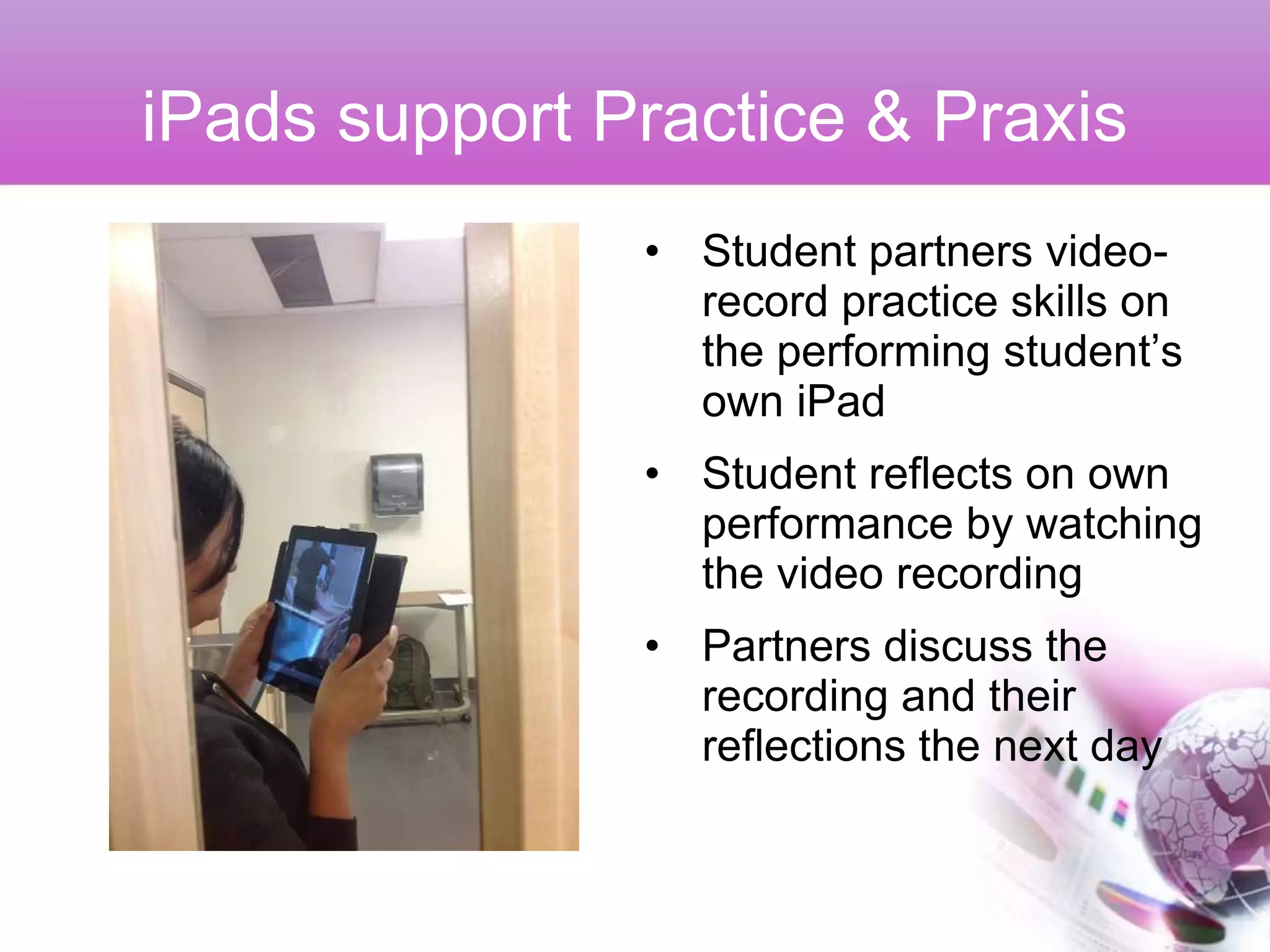 iPads support Practice & Praxis
               • Student partners video-
                 record practice skills on
                 the performing student’s
                 own iPad
               • Student reflects on own
                 performance by watching
                 the video recording
               • Partners discuss the
                 recording and their
                 reflections the next day
 