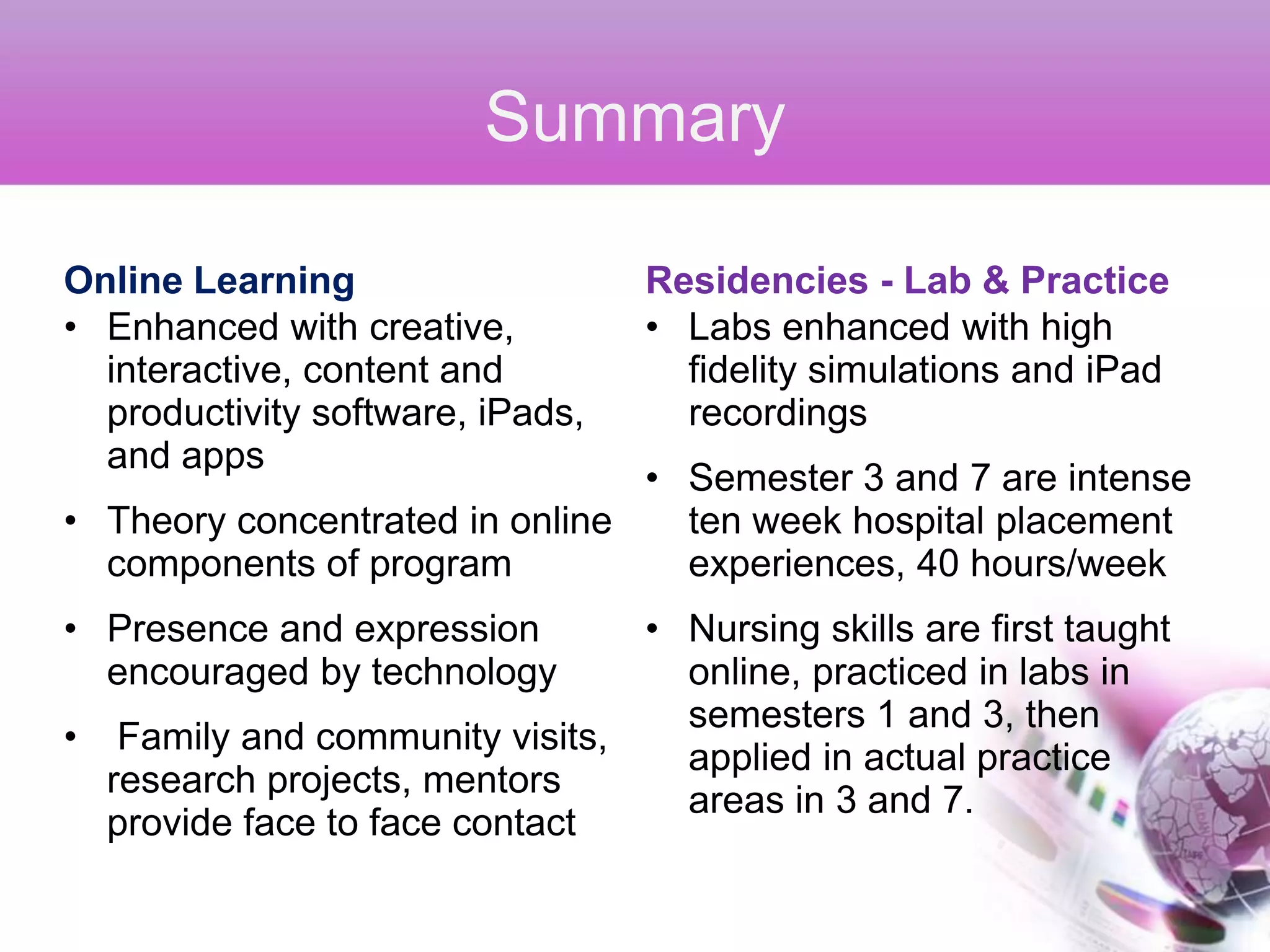 Summary

Online Learning                   Residencies - Lab & Practice
• Enhanced with creative,         • Labs enhanced with high
  interactive, content and          fidelity simulations and iPad
  productivity software, iPads,     recordings
  and apps
                                • Semester 3 and 7 are intense
• Theory concentrated in online   ten week hospital placement
  components of program           experiences, 40 hours/week
• Presence and expression      • Nursing skills are first taught
  encouraged by technology       online, practiced in labs in
                                 semesters 1 and 3, then
• Family and community visits,
                                 applied in actual practice
  research projects, mentors
                                 areas in 3 and 7.
  provide face to face contact
 