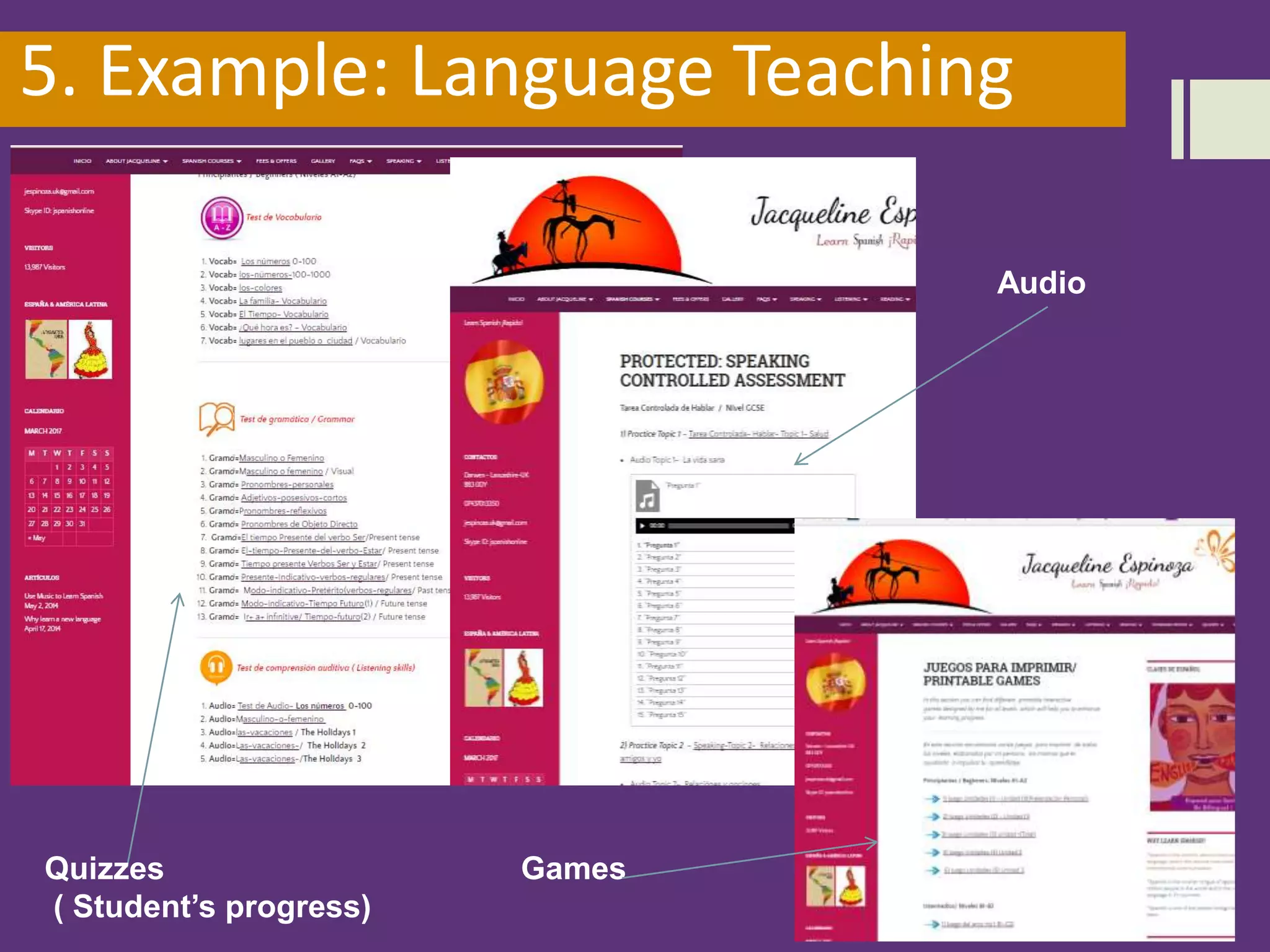 5. Example: Language Teaching
Quizzes
( Student’s progress)
Audio
Games
 