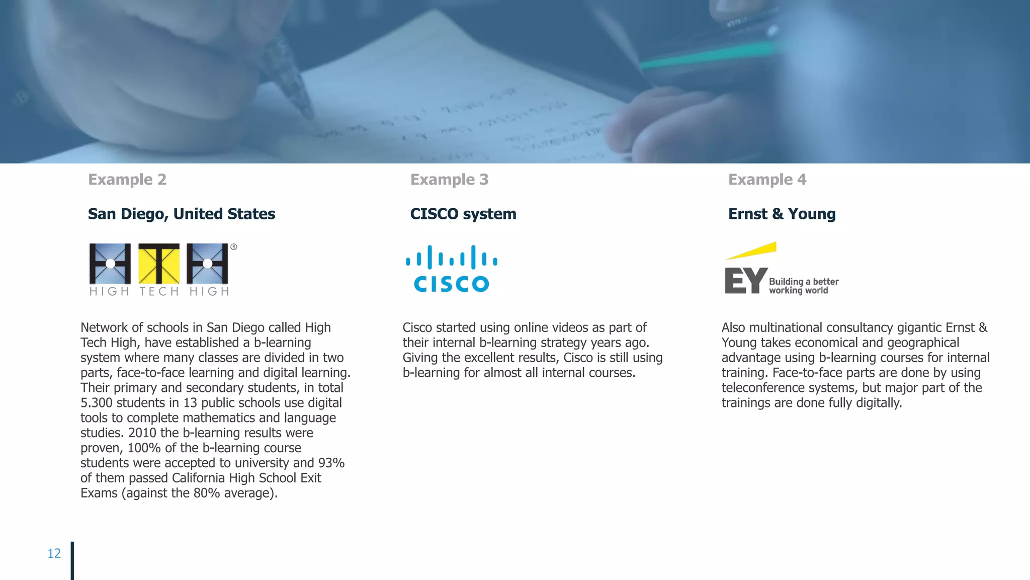 12
Example 2
San Diego, United States
Network of schools in San Diego called High
Tech High, have established a b-learning
system where many classes are divided in two
parts, face-to-face learning and digital learning.
Their primary and secondary students, in total
5.300 students in 13 public schools use digital
tools to complete mathematics and language
studies. 2010 the b-learning results were
proven, 100% of the b-learning course
students were accepted to university and 93%
of them passed California High School Exit
Exams (against the 80% average).
Example 3
CISCO system
Cisco started using online videos as part of
their internal b-learning strategy years ago.
Giving the excellent results, Cisco is still using
b-learning for almost all internal courses.
Example 4
Ernst & Young
Also multinational consultancy gigantic Ernst &
Young takes economical and geographical
advantage using b-learning courses for internal
training. Face-to-face parts are done by using
teleconference systems, but major part of the
trainings are done fully digitally.
 