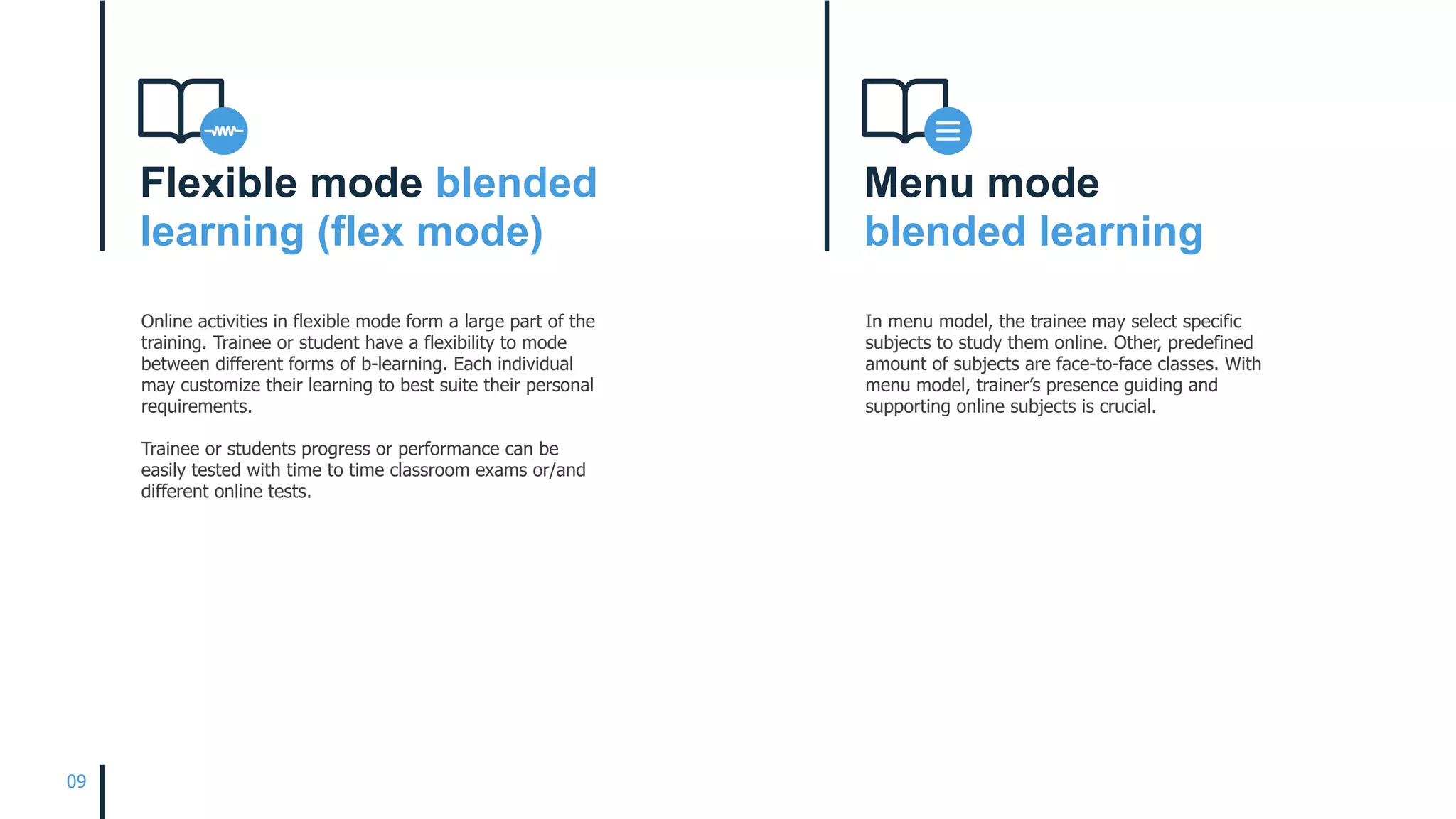 Flexible mode blended
learning (flex mode)
Online activities in flexible mode form a large part of the
training. Trainee or student have a flexibility to mode
between different forms of b-learning. Each individual
may customize their learning to best suite their personal
requirements.
Trainee or students progress or performance can be
easily tested with time to time classroom exams or/and
different online tests.
09
Menu mode
blended learning
In menu model, the trainee may select specific
subjects to study them online. Other, predefined
amount of subjects are face-to-face classes. With
menu model, trainer’s presence guiding and
supporting online subjects is crucial.
 