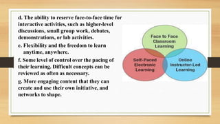 d. The ability to reserve face-to-face time for
interactive activities, such as higher-level
discussions, small group work, debates,
demonstrations, or lab activities.
e. Flexibility and the freedom to learn
anytime, anywhere.
f. Some level of control over the pacing of
their learning. Difficult concepts can be
reviewed as often as necessary.
g. More engaging content that they can
create and use their own initiative, and
networks to shape.
 