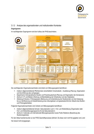 3.1.3 Analyse des organisationalen und institutionellen Kontextes
Organigramm
Im nachfolgenden Organigramm wird der Aufbau der PHSt beschrieben.




Die nachfolgenden Organisationseinheiten sind direkt vom Bildungsangebot betroffenen:
       •   Institut 2 allgemeinbildende Pflichtschulen einschließlich Vorschulstufe – Ausbildung (Planung, Organisation
           und Durchführung des Lehrganges)
       •   Department 2 Schulpraktische Studien und Praxishauptschule (Planung und Organisation der Schulpraxis)
       •   Zentrum 5 IT und Medien (Wartung und Bereitstellung der Infrastruktur und des Helpdesks)
       •   Abteilung 6 Studium, Prüfungswesen (Betreuung und Unterstützung der Studierenden von der Zulassung
           bis zur Zertifizierung und Gewährleistung eines reibungslosen und gesetzeskonformen Ablaufs des Studien-
           und Prüfungsbetriebes)
Folgende Organisationseinheiten sind indirekt vom Bildungsangebot betroffenen:
       •   Institut 4 allgemeinbildende Schulen: Sekundarstufe I und II - Fort- und Weiterbildung (Organisation aller
           Fort- und Weiterbildungsprogramme für die Sekundarstufe I)
       •   Zentrum 2 nationale und internationale Bildungskooperation sowie Public Relations (Bewerbung des
           Studienangebotes)
Für den Ablauf werden/wurden an der PHSt Geschäftsprozesse definiert. Da diese noch nicht frei gegeben sind, wird
hier darauf nicht eingegangen.


	
                                                                  	
  
	
  
                                                         Seite 13   	
  
 