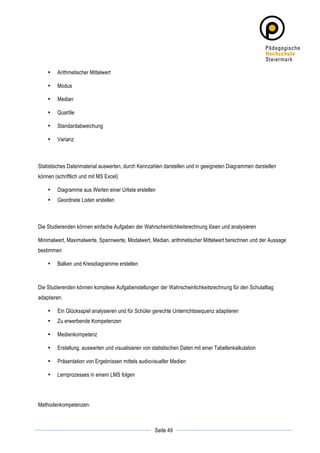 •   Arithmetischer Mittelwert

       •   Modus

       •   Median

       •   Quartile

       •   Standardabweichung

       •   Varianz



Statistisches Datenmaterial auswerten, durch Kennzahlen darstellen und in geeigneten Diagrammen darstellen
können (schriftlich und mit MS Excel)

       •   Diagramme aus Werten einer Urliste erstellen
       •   Geordnete Listen erstellen



Die Studierenden können einfache Aufgaben der Wahrscheinlichkeitsrechnung lösen und analysieren

Minimalwert, Maximalwerte, Spannwerte, Modalwert, Median, arithmetischer Mittelwert berechnen und der Aussage
bestimmen

       •   Balken und Kreisdiagramme erstellen



Die Studierenden können komplexe Aufgabenstellungen der Wahrscheinlichkeitsrechnung für den Schulalltag
adaptieren.

       •   Ein Glücksspiel analysieren und für Schüler gerechte Unterrichtssequenz adaptieren
       •   Zu erwerbende Kompetenzen

       •   Medienkompetenz

       •   Erstellung, auswerten und visualisieren von statistischen Daten mit einer Tabellenkalkulation

       •   Präsentation von Ergebnissen mittels audiovisueller Medien

       •   Lernprozesses in einem LMS folgen




Methodenkompetenzen:


	
                                                                  	
  
	
  
                                                        Seite 49    	
  
 
