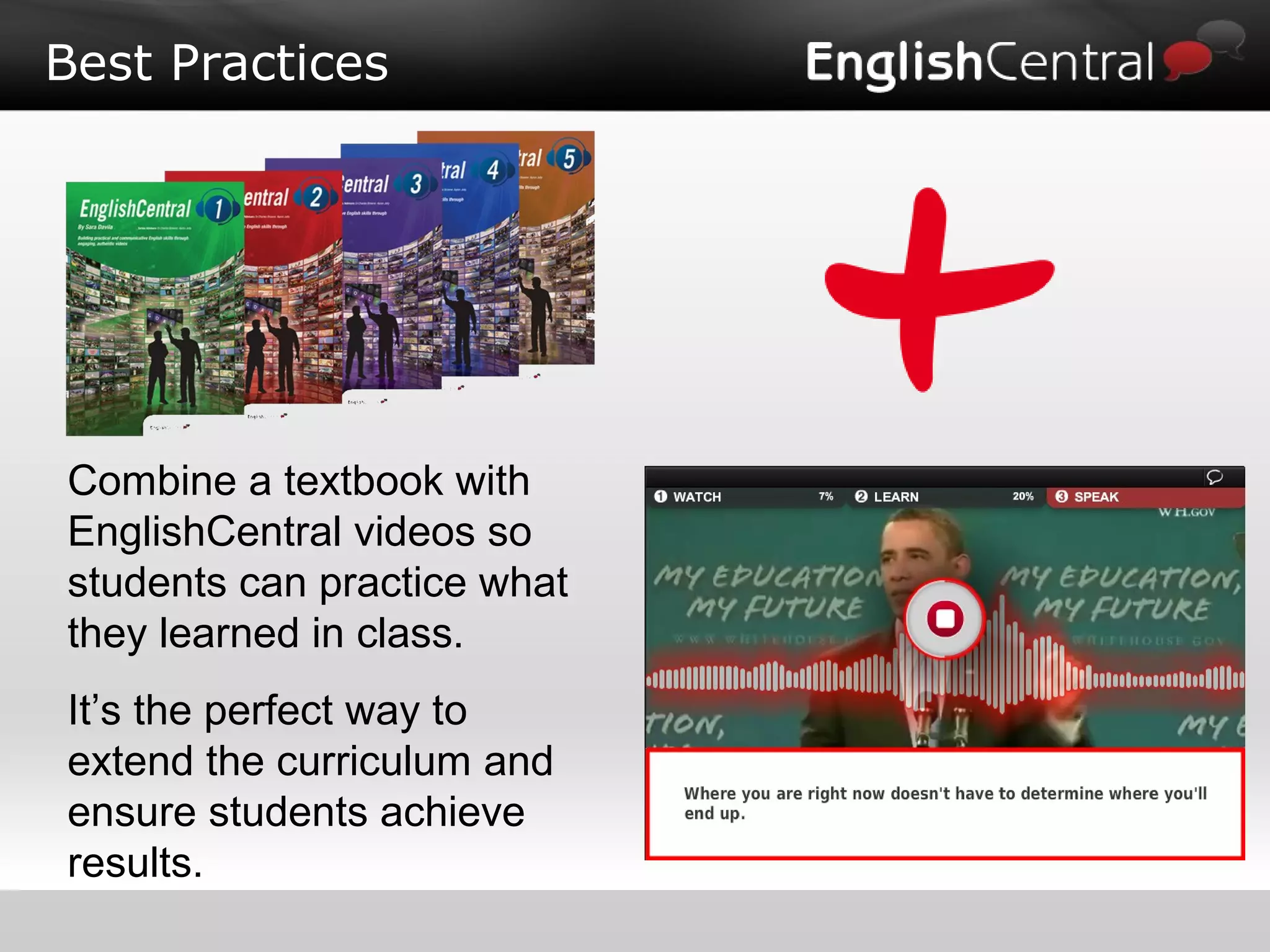 Best Practices
Combine a textbook with
EnglishCentral videos so
students can practice what
they learned in class.
It’s the perfect way to
extend the curriculum and
ensure students achieve
results.
 