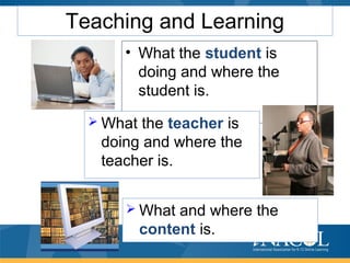 Teaching and Learning
• What the student is
doing and where the
student is.
 What the teacher is
doing and where the
teacher is.
 What and where the
content is.
 