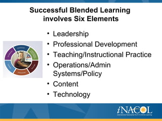 Successful Blended Learning
involves Six Elements
• Leadership
• Professional Development
• Teaching/Instructional Practice
• Operations/Admin
Systems/Policy
• Content
• Technology
 