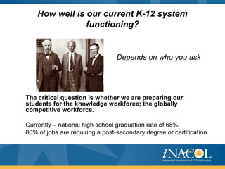 How well is our current K-12 system
functioning?
The critical question is whether we are preparing our
students for the knowledge workforce; the globally
competitive workforce.
Currently – national high school graduation rate of 68%
80% of jobs are requiring a post-secondary degree or certification
Depends on who you ask
 