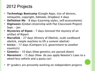 2012 Projects
• Technology Bootcamp (Google Apps, Use of devices,
  netiquette, copyright, Edmodo, Dropbox) 4 days
• Definition Me – 8 days (Learning styles, self-assessments)
• Digitween (Global citizenship with Flat Classroom Project)
  Sept. – Jan
• Mysteries of Ripon – 7 days (Unravel the mystery of an
  artifact of Ripon)
• Marvelisk – 27 days (History of Obelisk, scale cardboard
  obelisk, simple machine to lift a cement obelisk)
• Icivics – 17 days (Compare U.S. government to another
  country's)
• Genetics – 10 days (How genetics are passed down)
• Movement – 15 days (How do you apply Newton’s Laws to a
  wheel-less vehicle and a pasta car)

• 8th graders are presently working on independent projects
 