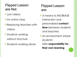 Flipped Lesson                Flipped Lesson
are Not                       are:
   Just videos                  A means to INCREASE
   An online class               interaction and
   Replacing teachers with       personalized contact
                                  time between students
    videos
                                  and teachers
   Students working             An environment where
    without structure             students
   Students working alone        take responsibility for
                                  their own learning 
 