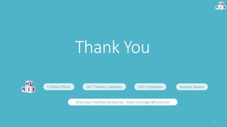 Thank You
5 Global Offices 24/7 Delivery Capability 500+ Employees Multiple Awards
Share your Feedback & Queries : kiran.sriramagiri@hurix.com
 