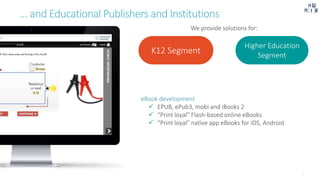 … and Educational Publishers and Institutions
We provide solutions for:
K12 Segment
Higher Education
Segment
eBook development
 EPUB, ePub3, mobi and iBooks 2
 “Print loyal” Flash-based online eBooks
 “Print loyal” native app eBooks for iOS, Android
 