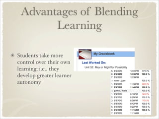 Advantages of Blending
       Learning

Students take more
control over their own
learning; i.e.. they
develop greater learner
autonomy
 