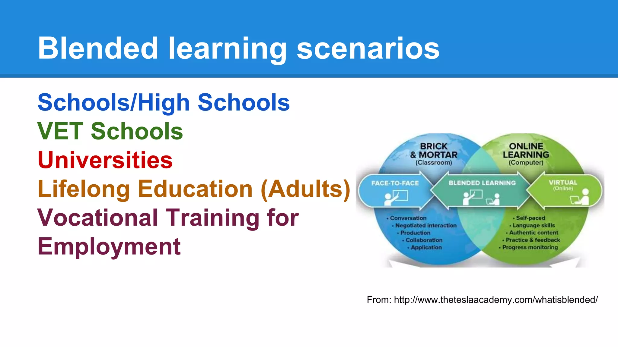 Blended learning scenarios
Schools/High Schools
VET Schools
Universities
Lifelong Education (Adults)
Vocational Training for
Employment
From: http://www.theteslaacademy.com/whatisblended/
 