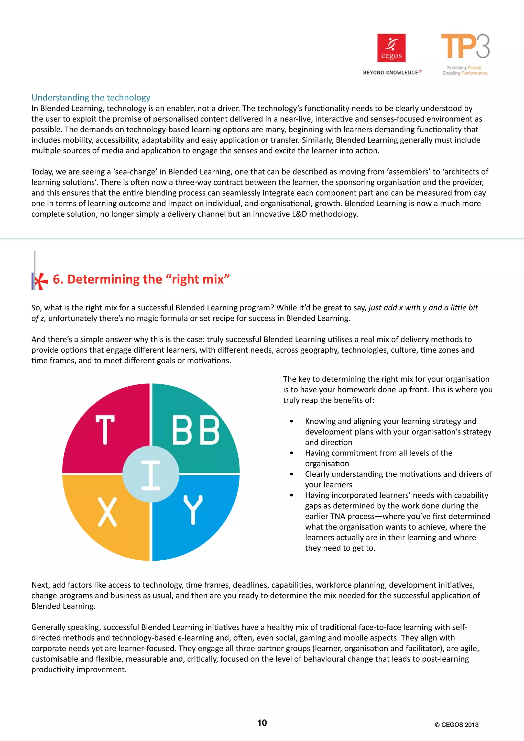 Understanding the technology
In Blended Learning, technology is an enabler, not a driver. The technology’s functionality needs to be clearly understood by
the user to exploit the promise of personalised content delivered in a near-live, interactive and senses-focused environment as
possible. The demands on technology-based learning options are many, beginning with learners demanding functionality that
includes mobility, accessibility, adaptability and easy application or transfer. Similarly, Blended Learning generally must include
multiple sources of media and application to engage the senses and excite the learner into action.
Today, we are seeing a ‘sea-change’ in Blended Learning, one that can be described as moving from ‘assemblers’ to ‘architects of
learning solutions’. There is often now a three-way contract between the learner, the sponsoring organisation and the provider,
and this ensures that the entire blending process can seamlessly integrate each component part and can be measured from day
one in terms of learning outcome and impact on individual, and organisational, growth. Blended Learning is now a much more
complete solution, no longer simply a delivery channel but an innovative L&D methodology.
So, what is the right mix for a successful Blended Learning program? While it’d be great to say, just add x with y and a little bit
of z, unfortunately there’s no magic formula or set recipe for success in Blended Learning.
And there’s a simple answer why this is the case: truly successful Blended Learning utilises a real mix of delivery methods to
provide options that engage different learners, with different needs, across geography, technologies, culture, time zones and
time frames, and to meet different goals or motivations.
The key to determining the right mix for your organisation
is to have your homework done up front. This is where you
truly reap the benefits of:
•	 Knowing and aligning your learning strategy and
development plans with your organisation’s strategy
and direction
•	 Having commitment from all levels of the
organisation
•	 Clearly understanding the motivations and drivers of
your learners
•	 Having incorporated learners’ needs with capability
gaps as determined by the work done during the
earlier TNA process—where you’ve first determined
what the organisation wants to achieve, where the
learners actually are in their learning and where
they need to get to.
6. Determining the “right mix”
Next, add factors like access to technology, time frames, deadlines, capabilities, workforce planning, development initiatives,
change programs and business as usual, and then are you ready to determine the mix needed for the successful application of
Blended Learning.
Generally speaking, successful Blended Learning initiatives have a healthy mix of traditional face-to-face learning with self-
directed methods and technology-based e-learning and, often, even social, gaming and mobile aspects. They align with
corporate needs yet are learner-focused. They engage all three partner groups (learner, organisation and facilitator), are agile,
customisable and flexible, measurable and, critically, focused on the level of behavioural change that leads to post-learning
productivity improvement.
10 © CEGOS 2013
 