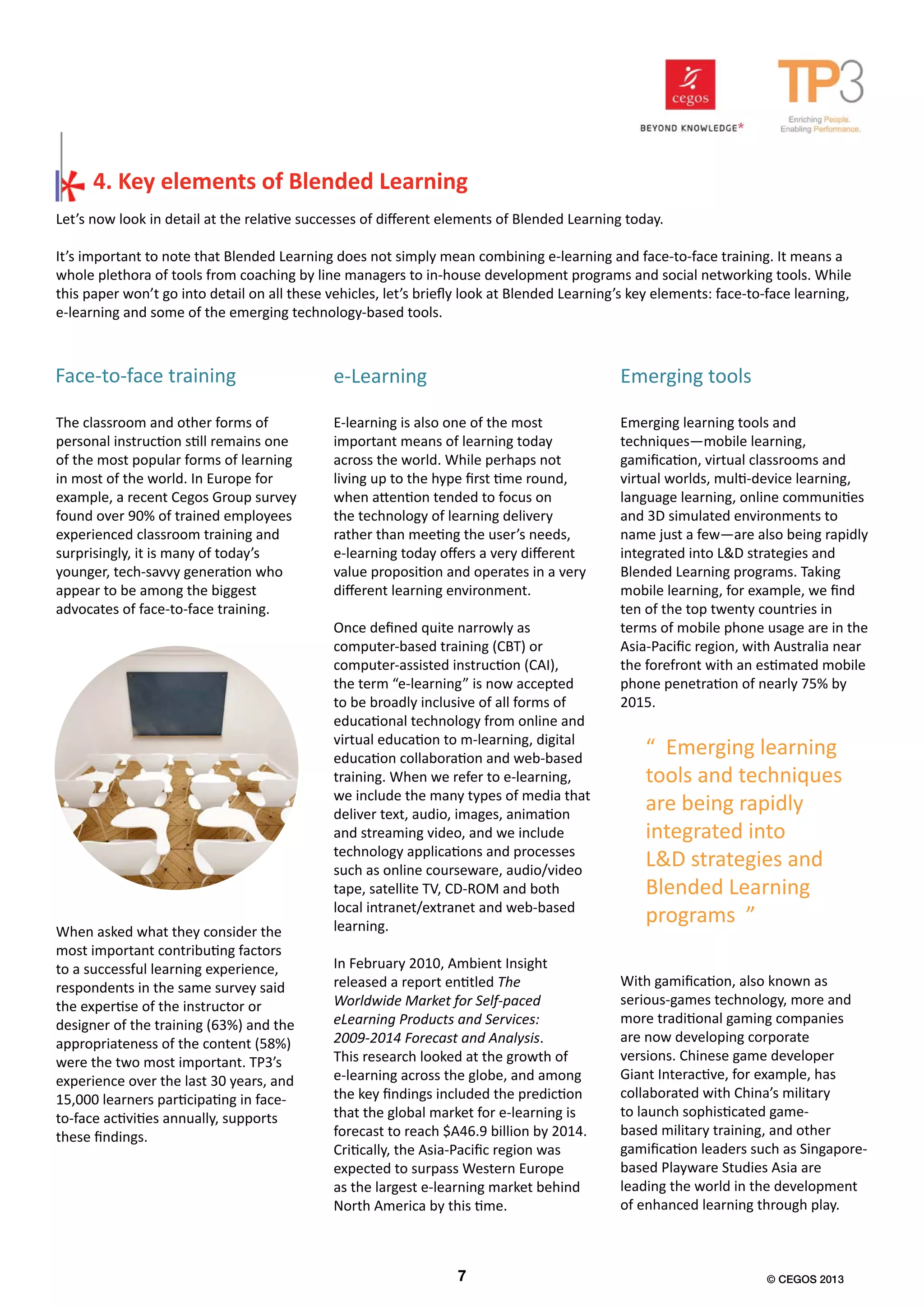 Let’s now look in detail at the relative successes of different elements of Blended Learning today.
It’s important to note that Blended Learning does not simply mean combining e-learning and face-to-face training. It means a
whole plethora of tools from coaching by line managers to in-house development programs and social networking tools. While
this paper won’t go into detail on all these vehicles, let’s briefly look at Blended Learning’s key elements: face-to-face learning,
e-learning and some of the emerging technology-based tools.
4. Key elements of Blended Learning
The classroom and other forms of
personal instruction still remains one
of the most popular forms of learning
in most of the world. In Europe for
example, a recent Cegos Group survey
found over 90% of trained employees
experienced classroom training and
surprisingly, it is many of today’s
younger, tech-savvy generation who
appear to be among the biggest
advocates of face-to-face training.
Face-to-face training
E-learning is also one of the most
important means of learning today
across the world. While perhaps not
living up to the hype first time round,
when attention tended to focus on
the technology of learning delivery
rather than meeting the user’s needs,
e-learning today offers a very different
value proposition and operates in a very
different learning environment.
Once defined quite narrowly as
computer-based training (CBT) or
computer-assisted instruction (CAI),
the term “e-learning” is now accepted
to be broadly inclusive of all forms of
educational technology from online and
virtual education to m-learning, digital
education collaboration and web-based
training. When we refer to e-learning,
we include the many types of media that
deliver text, audio, images, animation
and streaming video, and we include
technology applications and processes
such as online courseware, audio/video
tape, satellite TV, CD-ROM and both
local intranet/extranet and web-based
learning.
In February 2010, Ambient Insight
released a report entitled The
Worldwide Market for Self-paced
eLearning Products and Services:
2009-2014 Forecast and Analysis.
This research looked at the growth of
e-learning across the globe, and among
the key findings included the prediction
that the global market for e-learning is
forecast to reach $A46.9 billion by 2014.
Critically, the Asia-Pacific region was
expected to surpass Western Europe
as the largest e-learning market behind
North America by this time.
Emerging learning tools and
techniques—mobile learning,
gamification, virtual classrooms and
virtual worlds, multi-device learning,
language learning, online communities
and 3D simulated environments to
name just a few—are also being rapidly
integrated into L&D strategies and
Blended Learning programs. Taking
mobile learning, for example, we find
ten of the top twenty countries in
terms of mobile phone usage are in the
Asia-Pacific region, with Australia near
the forefront with an estimated mobile
phone penetration of nearly 75% by
2015.
e-Learning Emerging tools
With gamification, also known as
serious-games technology, more and
more traditional gaming companies
are now developing corporate
versions. Chinese game developer
Giant Interactive, for example, has
collaborated with China’s military
to launch sophisticated game-
based military training, and other
gamification leaders such as Singapore-
based Playware Studies Asia are
leading the world in the development
of enhanced learning through play.
When asked what they consider the
most important contributing factors
to a successful learning experience,
respondents in the same survey said
the expertise of the instructor or
designer of the training (63%) and the
appropriateness of the content (58%)
were the two most important. TP3’s
experience over the last 30 years, and
15,000 learners participating in face-
to-face activities annually, supports
these findings.
“ Emerging learning
tools and techniques
are being rapidly
integrated into
L&D strategies and
Blended Learning
programs ”
7 © CEGOS 2013
 
