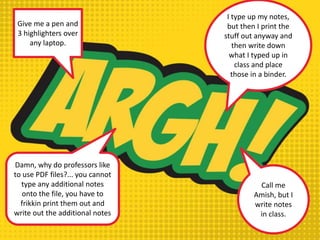 Give me a pen and
3 highlighters over
any laptop.
I type up my notes,
but then I print the
stuff out anyway and
then write down
what I typed up in
class and place
those in a binder.
Call me
Amish, but I
write notes
in class.
Damn, why do professors like
to use PDF files?... you cannot
type any additional notes
onto the file, you have to
frikkin print them out and
write out the additional notes
 