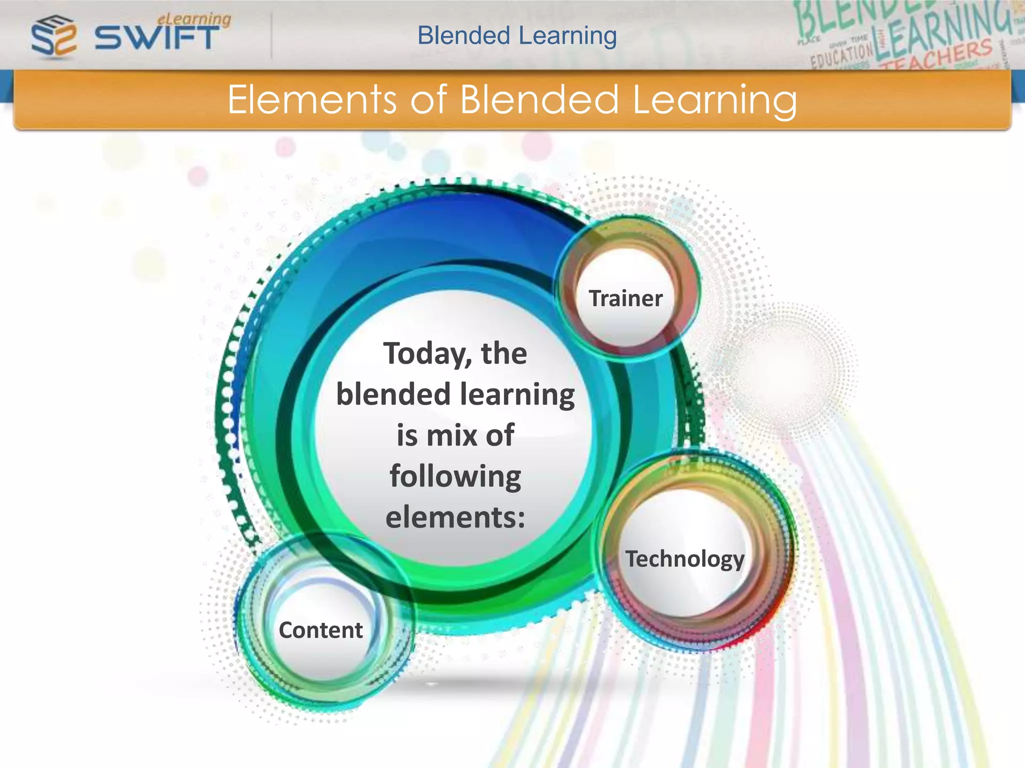 Blended Learning 
Elements of Blended Learning 
Today, the 
blended learning 
is mix of 
following 
elements: 
Trainer 
Technology 
Content 
 