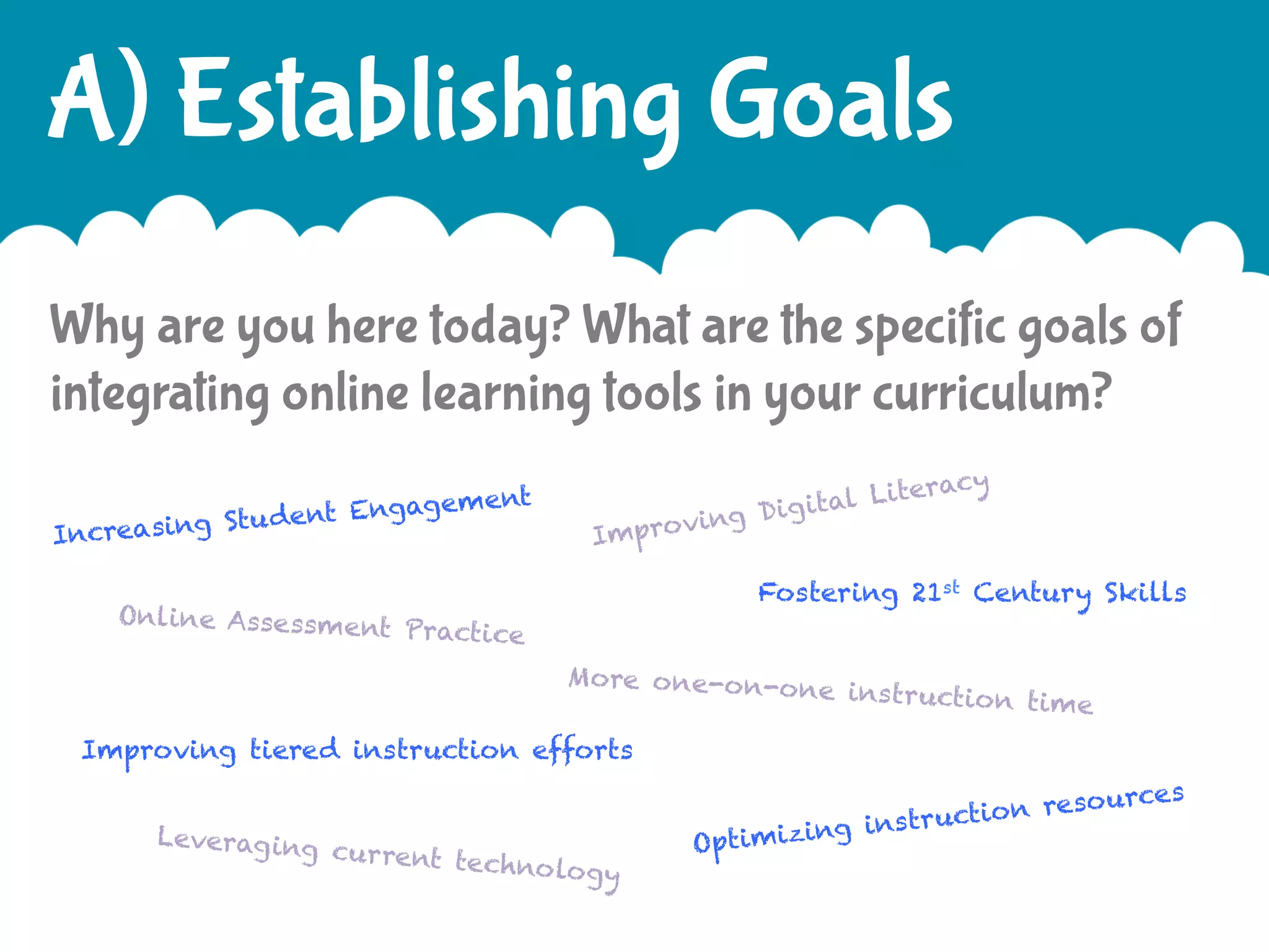 A) Establishing Goals
Why are you here today? What are the specific goals of
integrating online learning tools in your curriculum?
agement
tu dent Eng
S
Increasing

teracy
ital Li
ing Dig
mpro v
I

Fostering 21st Century Skills

Online Assessment
Practice

More one-on-on
e instruction tim
e

Improving tiered instruction efforts
Leverag ing

cur rent tec
hno logy

o urces
ction res
g ins tru
Optimizin

 