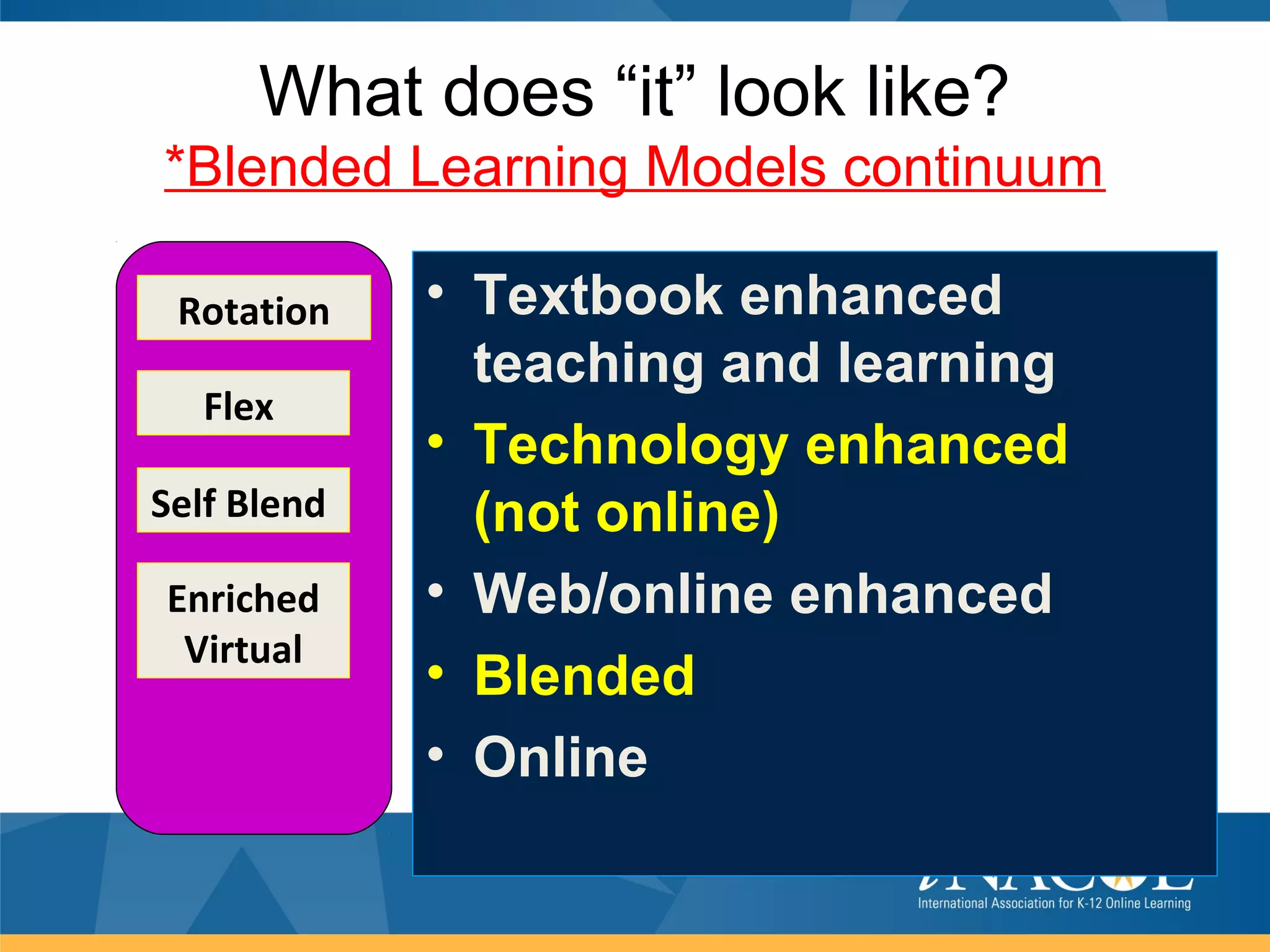 What does “it” look like?
*Blended Learning Models continuum

 Rotation    • Textbook enhanced
               teaching and learning
  Flex
             • Technology enhanced
Self Blend     (not online)
Enriched     • Web/online enhanced
 Virtual
             • Blended
             • Online
 