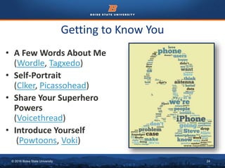 © 2016 Boise State University 24
Getting to Know You
• A Few Words About Me
(Wordle, Tagxedo)
• Self-Portrait
(Clker, Picassohead)
• Share Your Superhero
Powers
(Voicethread)
• Introduce Yourself
(Powtoons, Voki)
 
