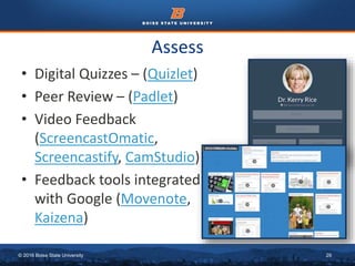 © 2016 Boise State University 29
Assess
• Digital Quizzes – (Quizlet)
• Peer Review – (Padlet)
• Video Feedback
(ScreencastOmatic,
Screencastify, CamStudio)
• Feedback tools integrated
with Google (Movenote,
Kaizena)
 