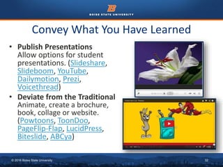 © 2016 Boise State University 32
Convey What You Have Learned
• Publish Presentations
Allow options for student
presentations. (Slideshare,
Slideboom, YouTube,
Dailymotion, Prezi,
Voicethread)
• Deviate from the Traditional
Animate, create a brochure,
book, collage or website.
(Powtoons, ToonDoo,
PageFlip-Flap, LucidPress,
Biteslide, ABCya)
 