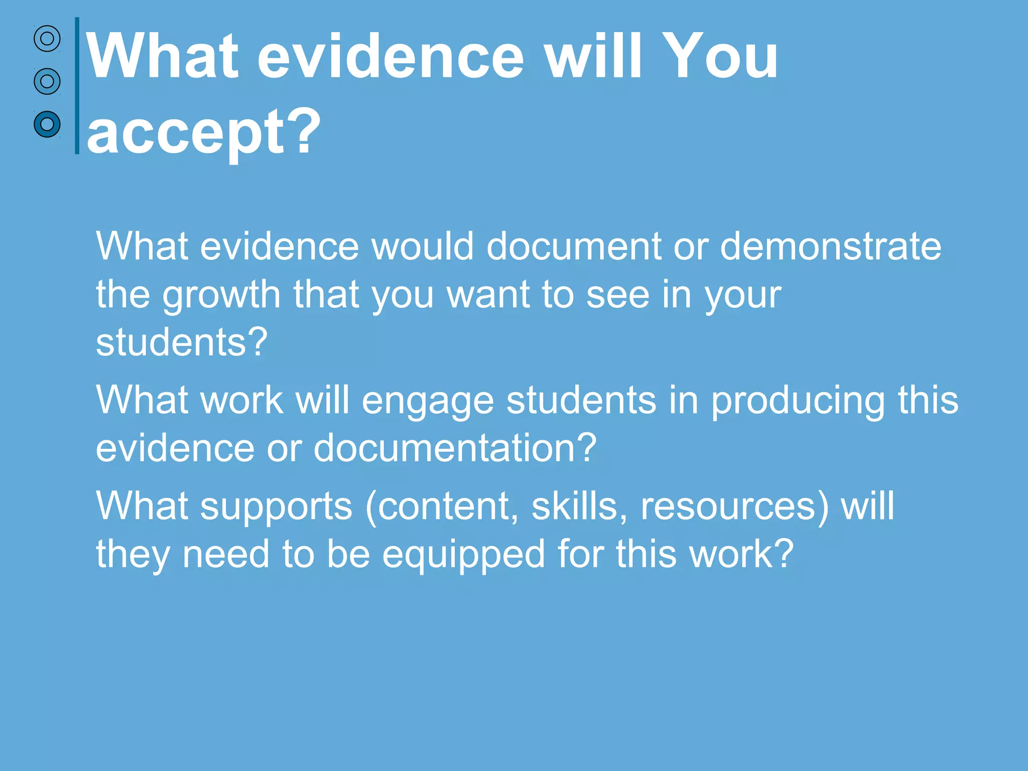 What evidence will You
accept?
What evidence would document or demonstrate
the growth that you want to see in your
students?
What work will engage students in producing this
evidence or documentation?
What supports (content, skills, resources) will
they need to be equipped for this work?
 
