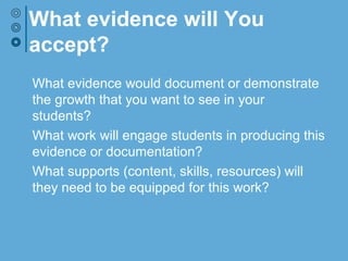 What evidence will You
accept?
What evidence would document or demonstrate
the growth that you want to see in your
students?
What work will engage students in producing this
evidence or documentation?
What supports (content, skills, resources) will
they need to be equipped for this work?
 