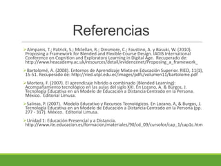 Referencias
Almpanis, T.; Patrick, S.; Mclellan, R.; Dinsmore, C.; Faustino, A. y Basuki, W. (2010).
Proposing a Framework for Blended and Flexible Course Design. IADIS International
Conference on Cognition and Exploratory Learning in Digital Age. Recuperado de:
http://www.heacademy.ac.uk/resources/detail/evidencenet/Proposing_a_framework_
Bartolomé, A. (2008). Entornos de Aprendizaje Mixto en Educación Superior. RIED, 11(1),
15-51. Recuperado de: http://ried.utpl.edu.ec/images/pdfs/volumen11/bartolome.pdf
Mortera, F. (2007). El aprendizaje híbrido o combinado (Blended Learning):
Acompañamiento tecnológico en las aulas del siglo XXI. En Lozano, A. & Burgos, J.
Tecnología Educativa en un Modelo de Educación a Distancia Centrado en la Persona.
México. Editorial Limusa.
Salinas, P. (2007). Modelo Educativo y Recursos Tecnológicos. En Lozano, A, & Burgos, J.
Tecnología Educativa en un Modelo de Educación a Distancia Centrado en la Persona (pp.
277 - 317). México. Editorial Limusa.
Unidad 1: Educación Presencial y a Distancia.
http://www.ite.educacion.es/formacion/materiales/90/cd_09/cursofor/cap_1/cap1c.htm
 