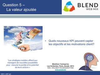 ©2013 LHST sarl
Mobiliser l'entreprise
Lee Schlenker, Paris, Amaté, 2013
ISBN : 978-2-9537179-4-59782953717945
www.amate.biz
Question 5 –
La valeur ajoutée
• Quels nouveaux KPI peuvent capter
les objectifs et les motivations client?
“Les stratégies mobiles offrent aux
managers de nouvelles possibilités
pour mesurer la portée et le potentiel
de leurs actions »
 