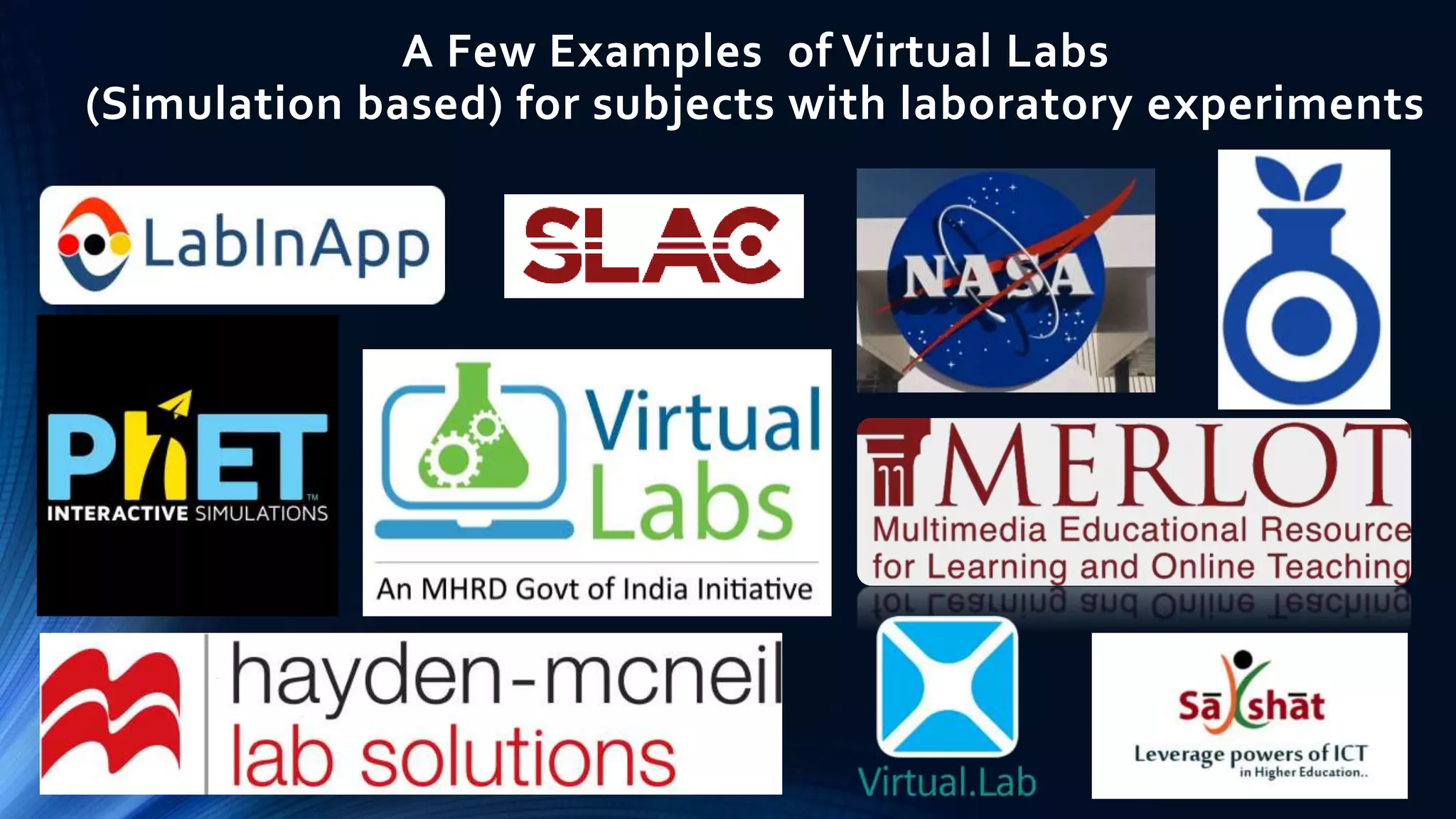A Few Examples of Virtual Labs
(Simulation based) for subjects with laboratory experiments
 