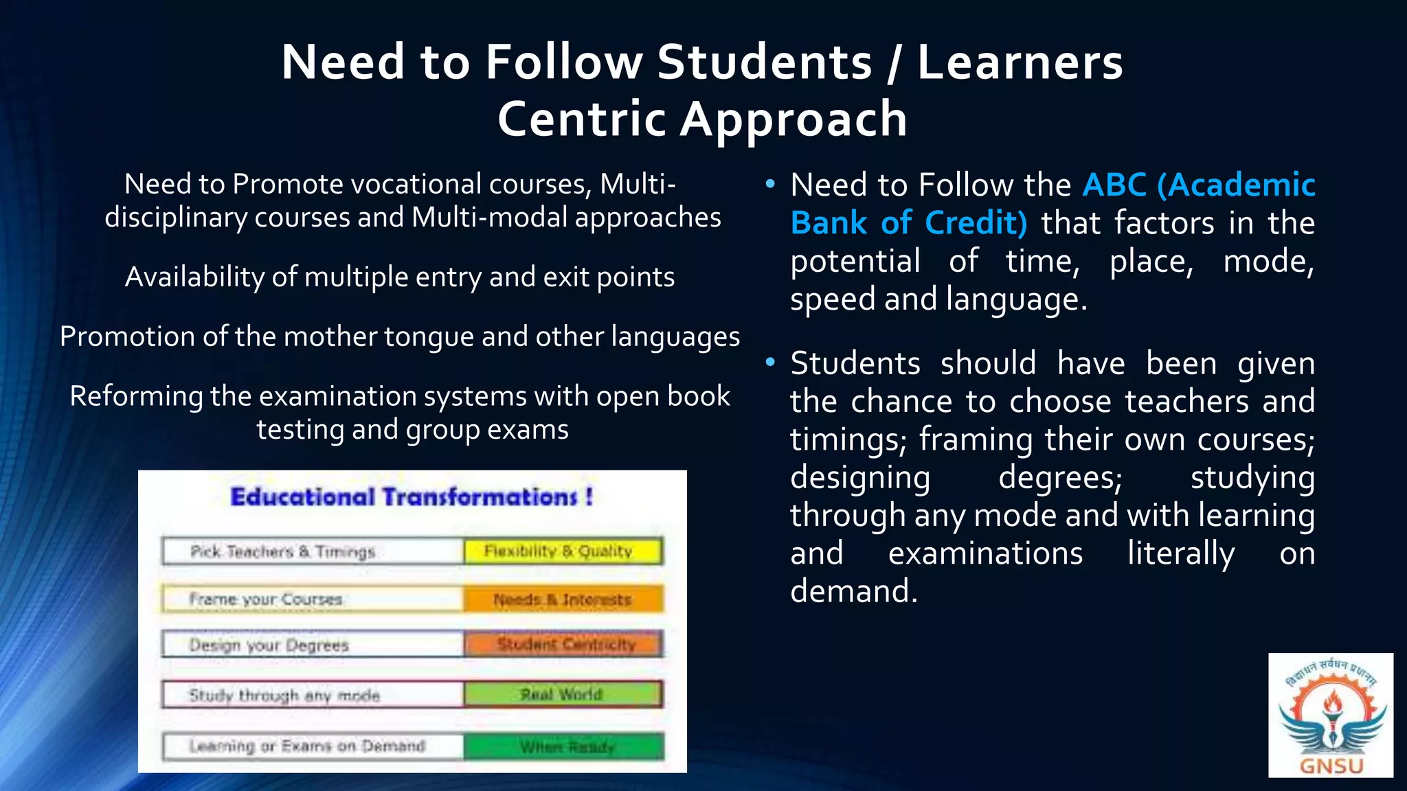 Need to Follow Students / Learners
Centric Approach
Need to Promote vocational courses, Multi-
disciplinary courses and Multi-modal approaches
Availability of multiple entry and exit points
Promotion of the mother tongue and other languages
Reforming the examination systems with open book
testing and group exams
• Need to Follow the ABC (Academic
Bank of Credit) that factors in the
potential of time, place, mode,
speed and language.
• Students should have been given
the chance to choose teachers and
timings; framing their own courses;
designing degrees; studying
through any mode and with learning
and examinations literally on
demand.
 