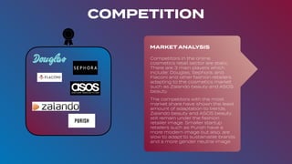 COMPETITION
MARKET ANALYSIS
Competitors in the online
cosmetics retail sector are static.
There are 3 main players which
include: Douglas, Sephora, and
Flaconi and other fashion retailers
adapting to the cosmetics market
such as Zalando beauty and ASOS
beauty.
The competitors with the most
market share have shown the least
amount of adaptation to trends.
Zalando beauty and ASOS beauty
still remain under the fashion
retailer image. Smaller startup
retailers such as Purish have a
more modern image but also, are
slow to adapt to sustainable brands
and a more gender neutral image.
 